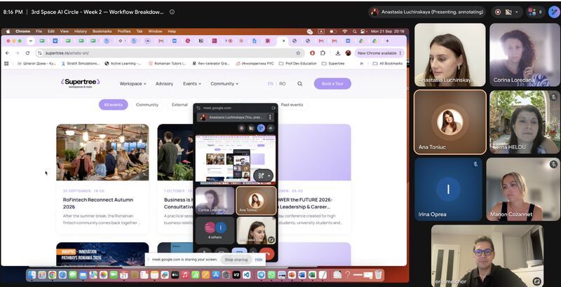 Anastasia Lucinschi sharing her Claude workflow for event listings during the AI Circle